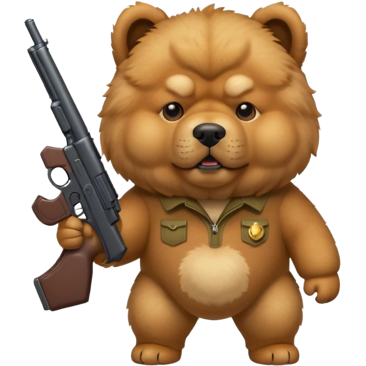 Funny realistic-style chow chow dog with light fur standing on its hind legs and holding a gun menacingly emoji