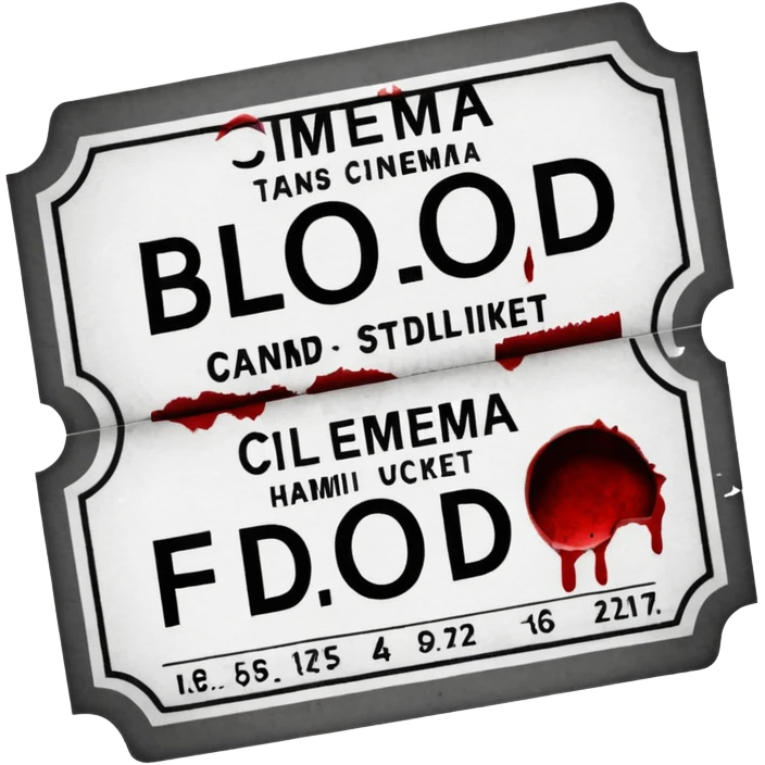 Minimalist emoji-style sticker of an old torn cinema ticket, blood-stained edges and burn holes, grayscale paper

 emoji