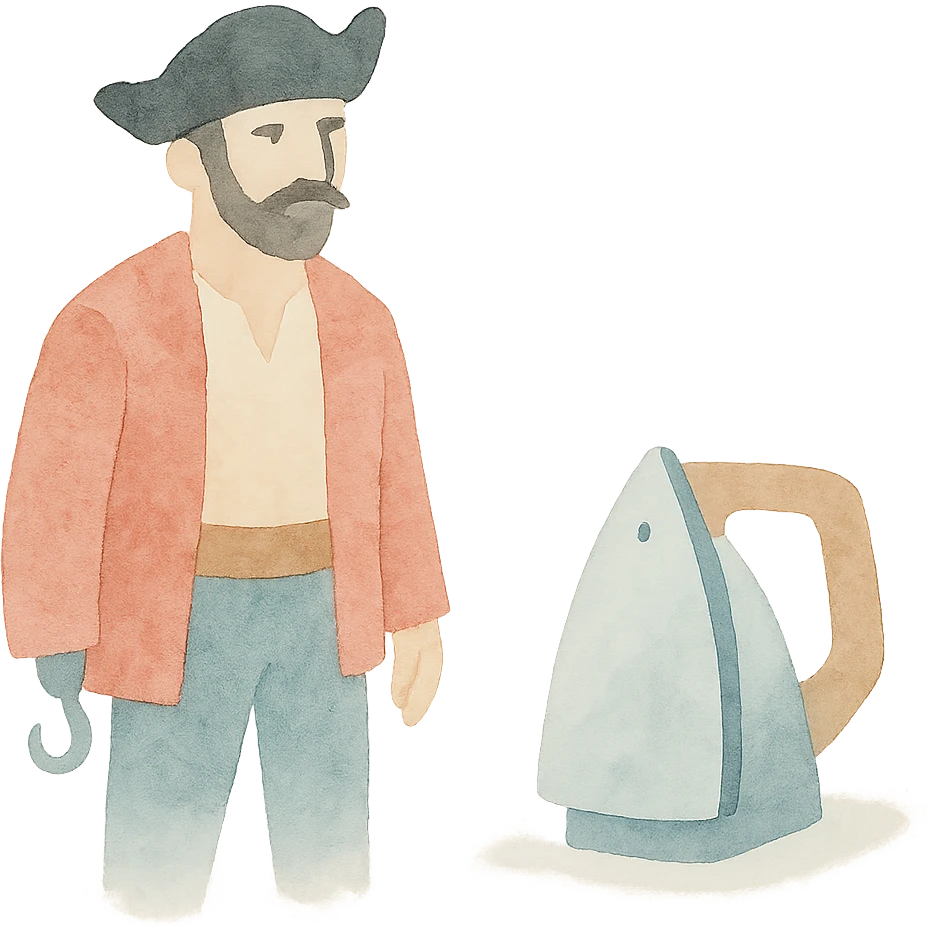 A pirate and an iron, watercolor painting style, soft edges, blended colors, artistic and whimsical. emoji