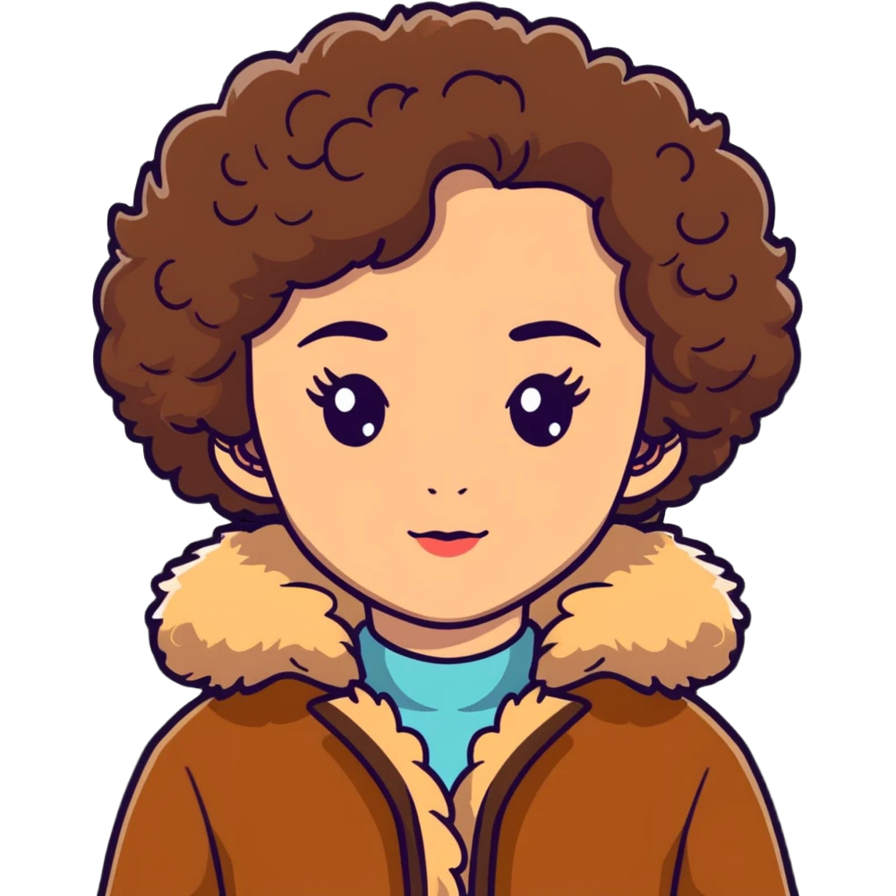 Caucasian girl with short curly light Brown hair and hazel eyes in fur-coat emoji
