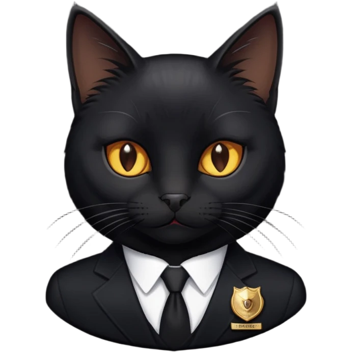 A black cat in a black suit and a badge with the inscription "PrimeCopy" emoji