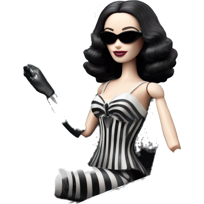 Darth Vader Barbie, 1910 teen Morticia Addams from academy, in dark-gray and black striped outfit. Smiling Driving Mercedes convertible sports car. Pale-white porcelain skin.  emoji