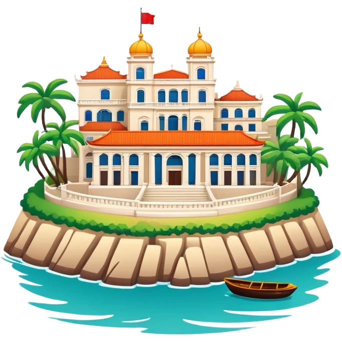 Gulangyu Island Xiamen with colonial buildings, simplified emoji style with bold outlines and bright colors, cartoon style island with piano shape emoji