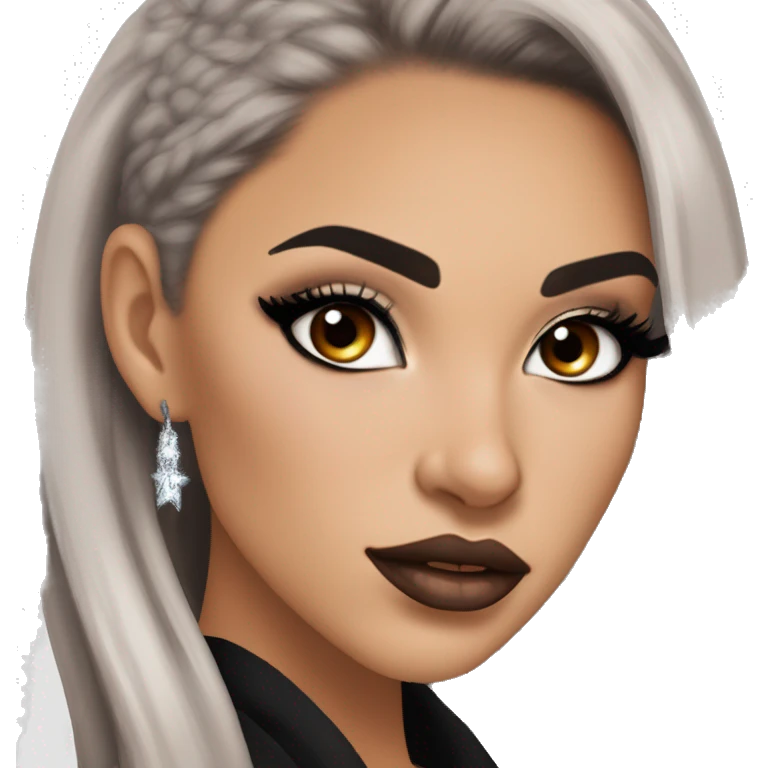 Alexa Demie euphoria sho: warm brown eyes, bold black sharp eyeliner, sparkly rhinestones on eyes, dark arched brows, full nude-berry lips, light skin, high cheekbones, sleek dark brown long straight hair in ponytail.

 emoji