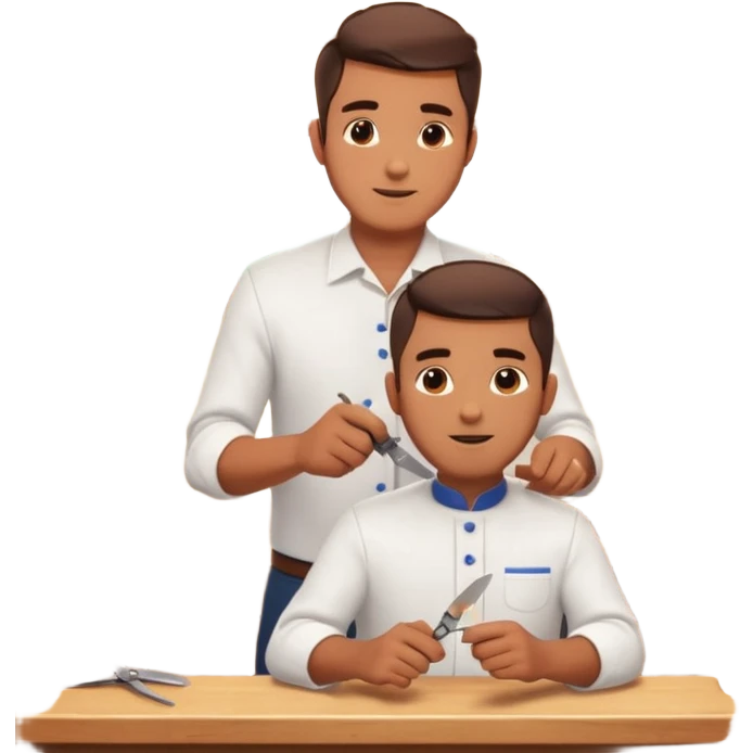 Inside a cozy barbershop with soft lighting, an experienced barber gently teaches his apprentice, guiding his hands as they cut hair together. The room is filled with warmth, plants hanging from the ceiling, and the hum of clippers emoji