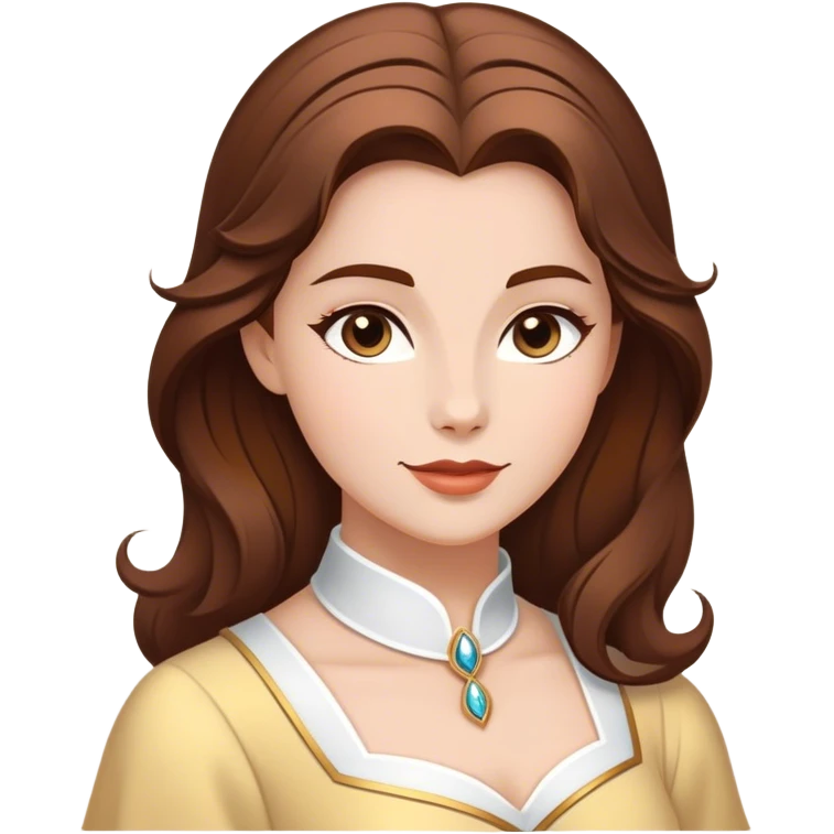 Cinematic Majestic Belle Portrait Emoji, rendered in a clean, vector-style with bold, simplified shapes. Show Belle with a serene, noble expression, fair skin and gracefully styled brown hair, her classic attire refined and understated. The design radiates a majestic, enchanting glow with high shine and a soft glowing outline, embodying royal elegance. emoji