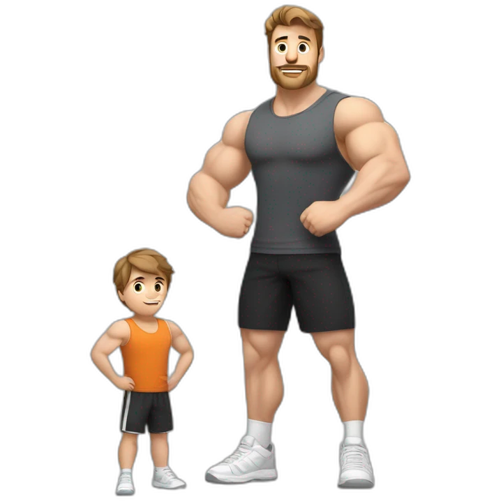 Full height Actively gesturing with hands Pale skinned Fit Man With the biceps and brown hair in dark gray Sleeveless Mike, black oversize sports shorts, watch and white Sneakers emoji