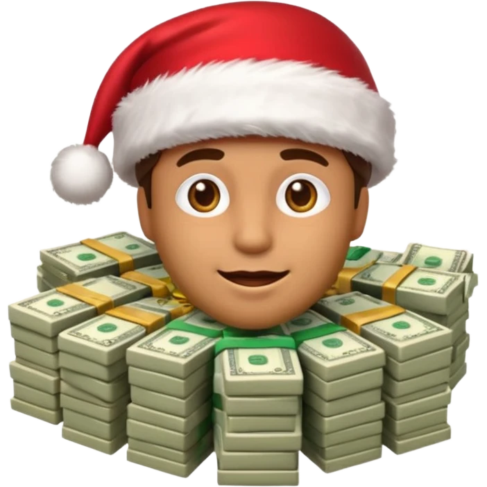 A confident rich emoji face wearing a Santa hat, money stacks, casino vibe, New Year theme, premium 3D emoji style, sharp details, no text, isolated on transparent background emoji