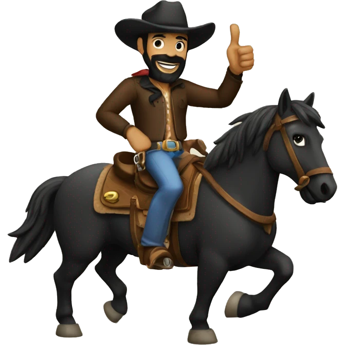 man with black beard and black eyes wearing a cowboy hat riding on his black horse making thumbs up hand gestures emoji