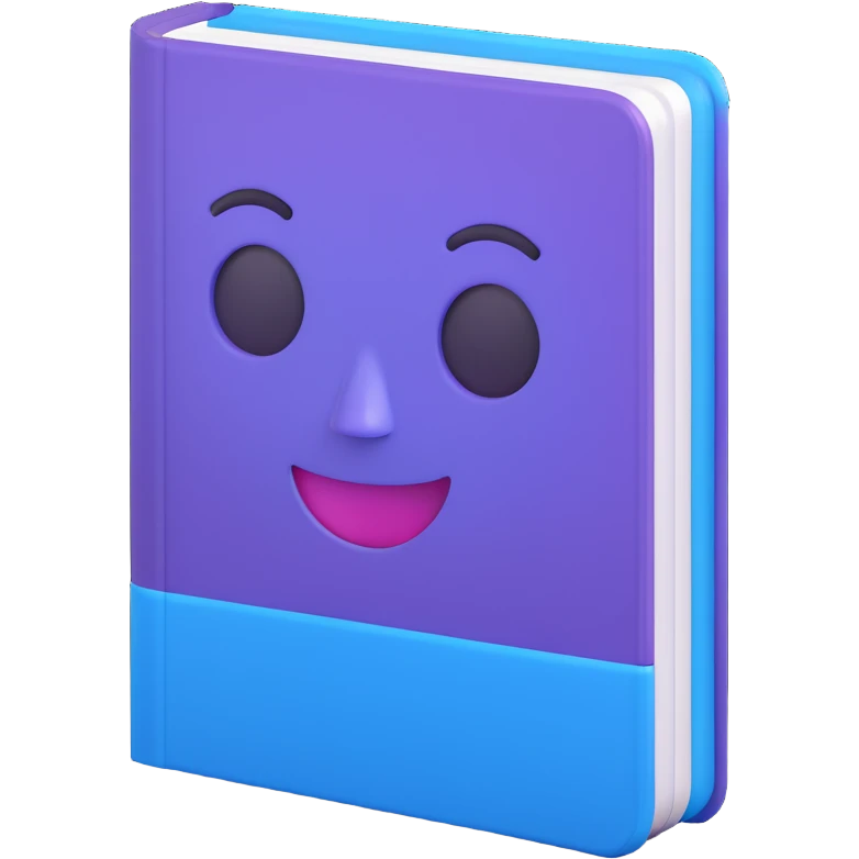 3D book emoji, blue and purple cover with a glossy finish, rounded corners, floating at an angle, soft shadow, kawaii face, vibrant colors, smooth and playful, minimalist, isometric, thick pages on side, transparent background, Icons8 3D style emoji