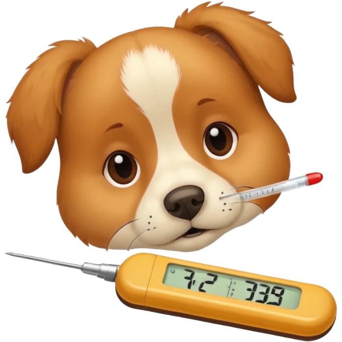 A sick dog lying down with a thermometer beside it, indicating a fever.
Cute but gentle style, warm colors, conveying concern and care. emoji