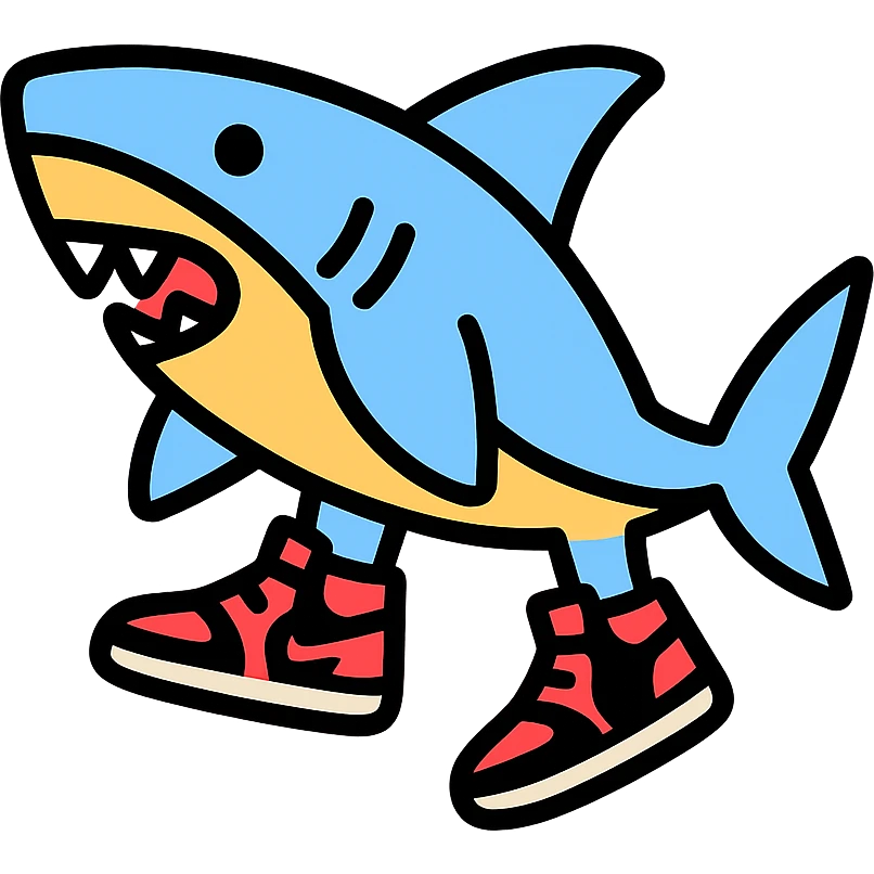 fun and bold colored outlined icon of a shark wearing Air Jordans on its fins and tail emoji
