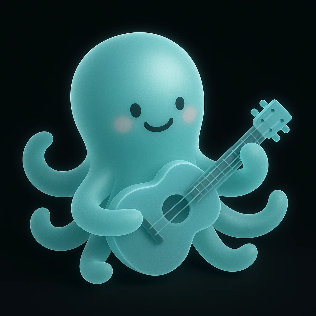 happy octopus with multiple arms playing guitar emoji