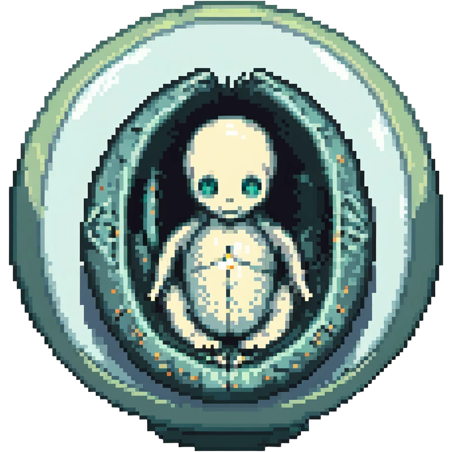 MRI embryo digital fetal small shape in otherworldly bubble, eerie, horror, pupa, crystalis, in-utero emoji
