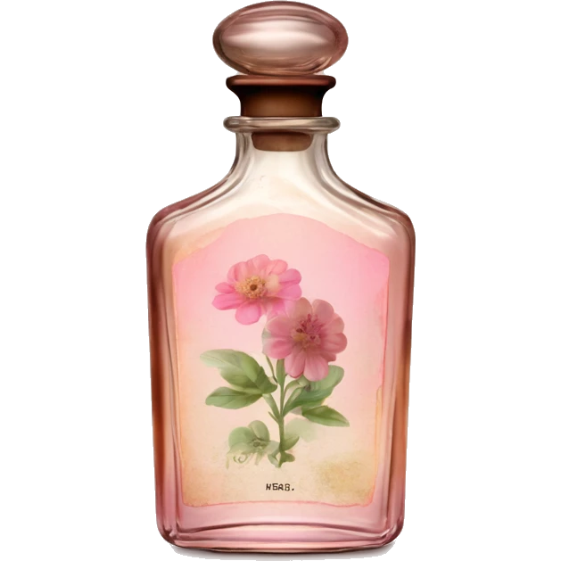 English vintage glass perfume bottle from my aristocratic grandmother, exquisite bottle shape, old and shabby, with label, stylish and minimalistic, brown with pink gradient, with little herbal and flowers  emoji