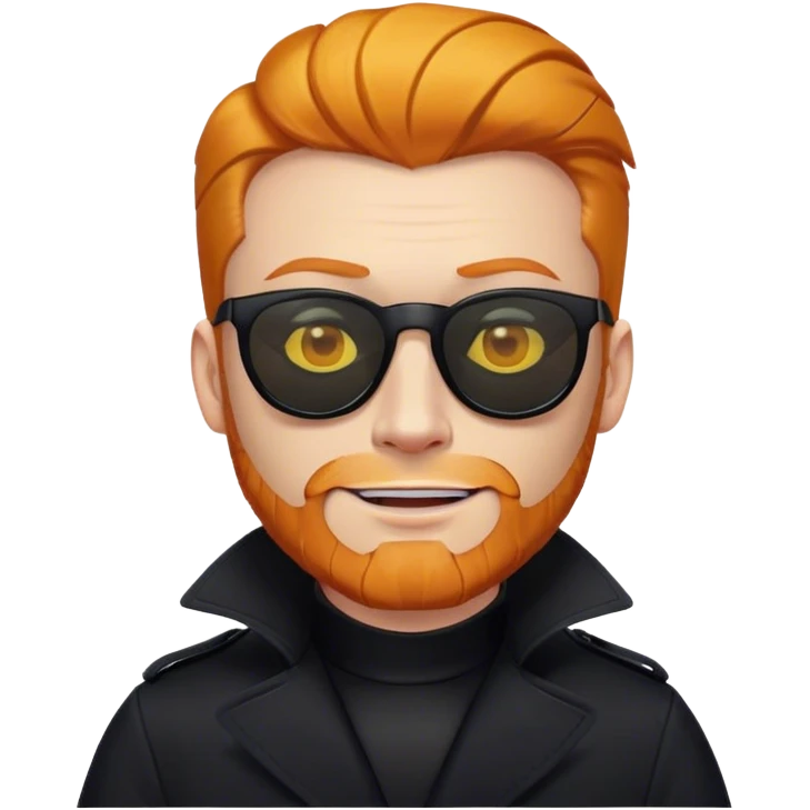 ginger with a black trenchcoat with a yellow smiley pin, orange slicked back hair, and an orange chin beard with black sunglasses emoji