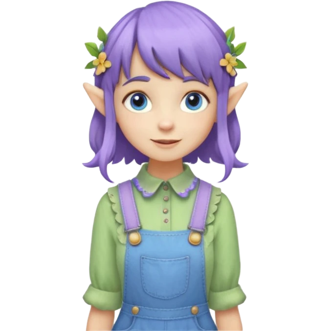 Kind happy whimsical quirky Girl toymaker, wood carving elf. Woodland nature creator. Blue eyes. Short bob, brown wavy hair with bangs. Whimsical playful cute. Overalls with nature embroidered cute shirt collar. Light green, light purple and light blue colour aesthetic  emoji