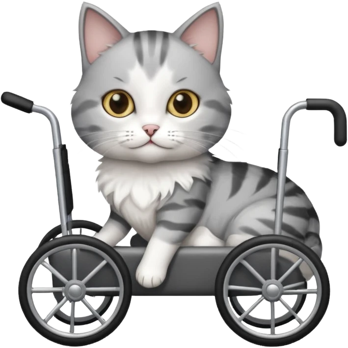 grey and white cat in a cat wheelchair emoji