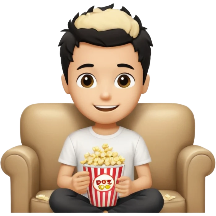 generate a pretty tan bratz boy with black messy hair eating popcorn and watching tv, wearing white tshirt emoji