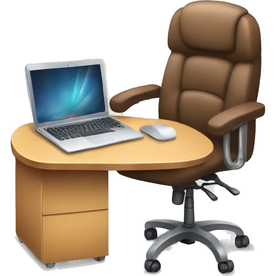 A cute desk with a laptop and notebook on it with an office chair emoji