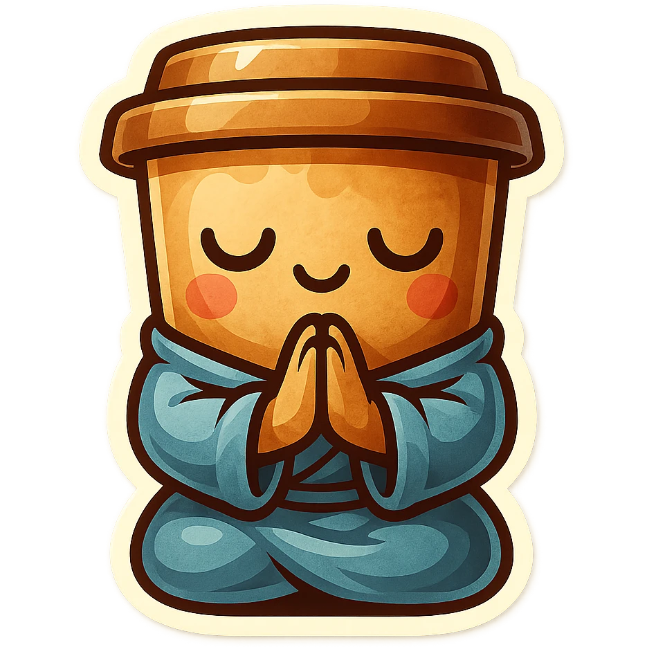 Tall coffee cup, bowing on knees, praying, worship, wearing soft blue monk robes emoji
