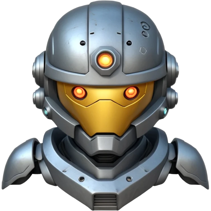 futuristic war robot portrait, head and shoulders only, glowing eyes, detailed helmet faceplate, armor collar, sci-fi metal textures, 3D cartoon, mobile game icon style, clean background, no text, no watermark
 emoji