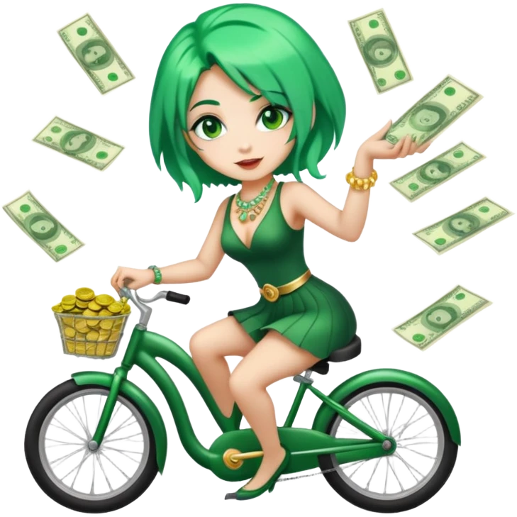 One girl dressed in money, with green hair, and fancy jewelry throwing money, in a cycle where shes working or shes spending emoji