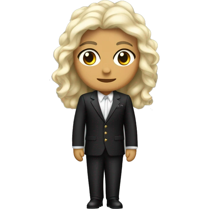 rockero caucasico vestido totalmente de negro con traje, alto, delgado ypelo crto y uitarra emoji