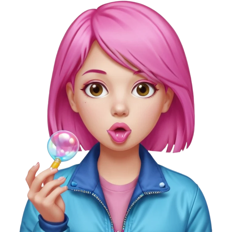 Pink-haired woman in jacket blowing bubble gum emoji