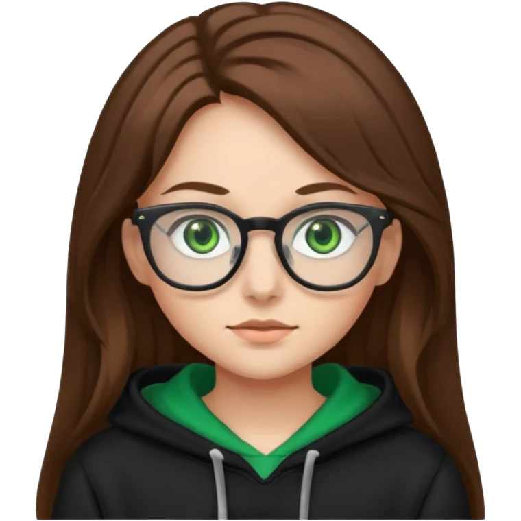 Girl with long brown hair, green eyes, glasses and a black hoodie on emoji