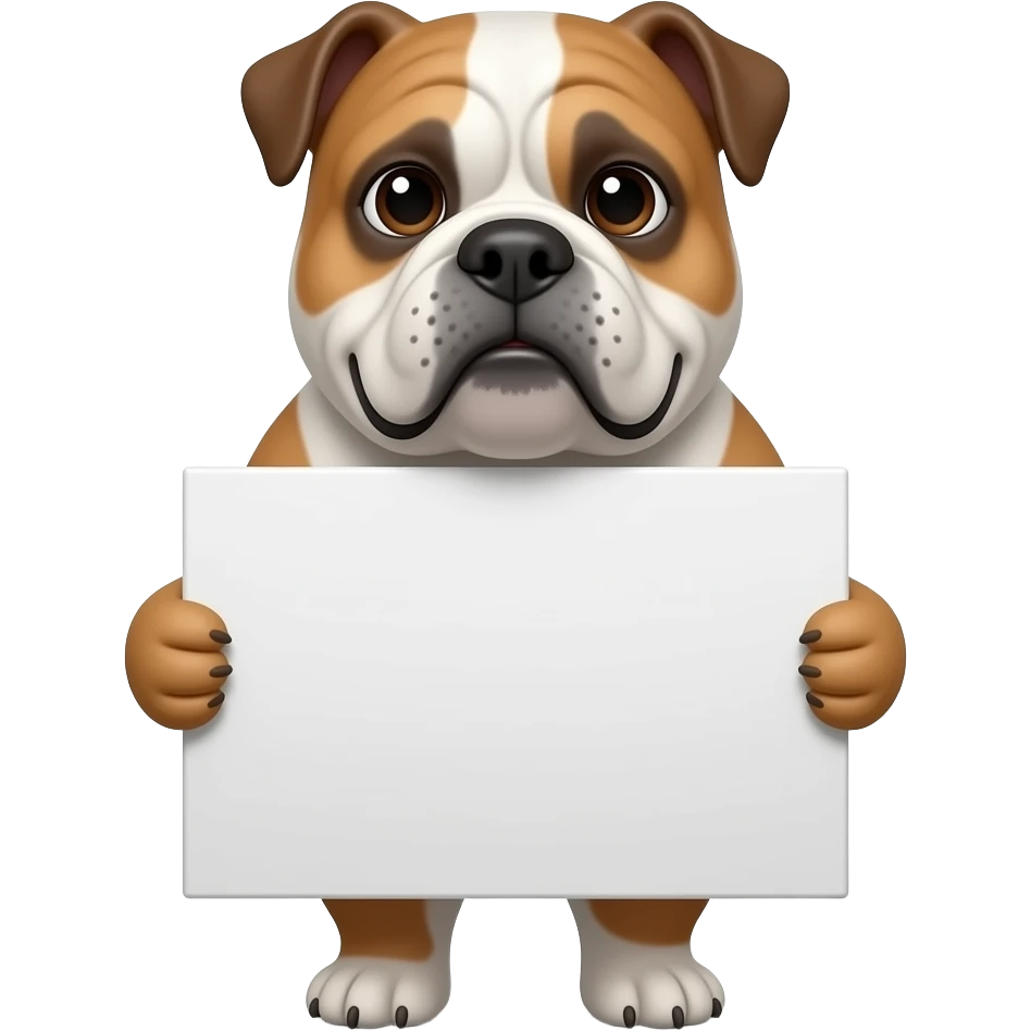 um buldogue segurando uma placa branca com a boca emoji