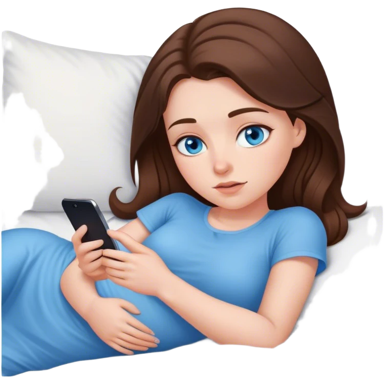White girl brunett blue eyes, laying In bed using on stomach In her phone emoji