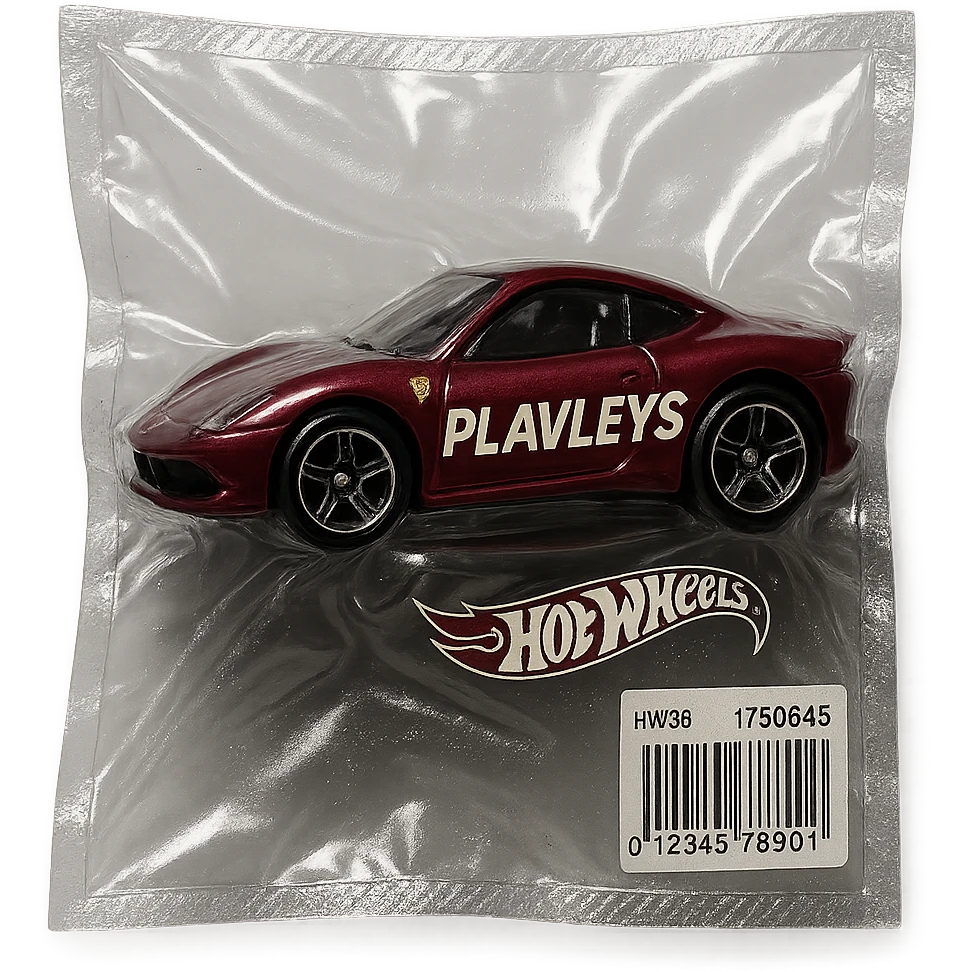 burgundy Hot Wheels toy car Ferrari with the word 'PLAVLEYS' written on the side, glossy and puffy, vacuum-sealed style emoji