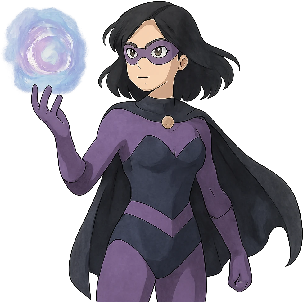 ghibli style superhero woman with soft purple and black costume, magical aura around her hand emoji