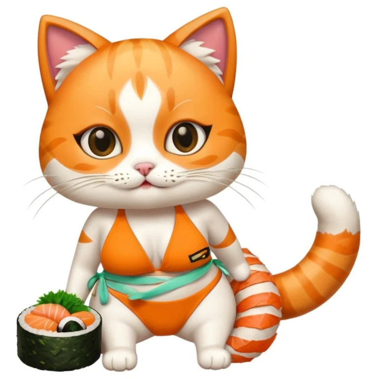 funny cat wearing a bikini made of sushi emoji