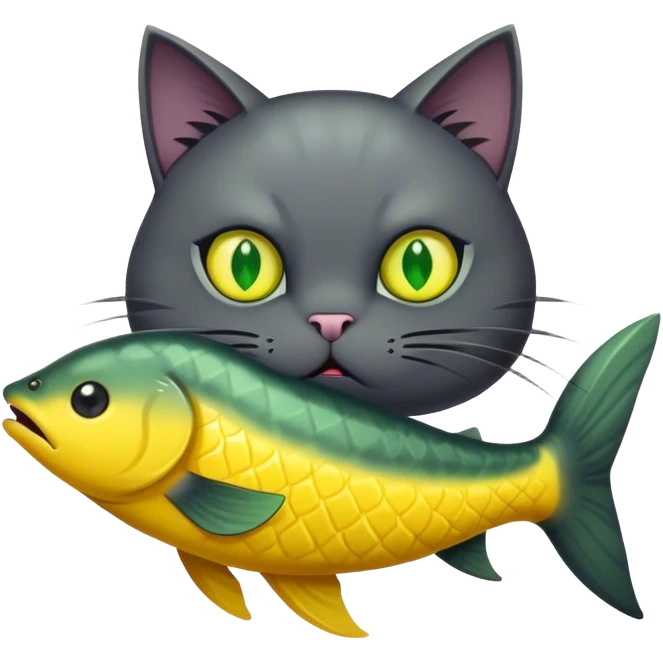 Dark grey evil cat eating a giant yellow fish emoji