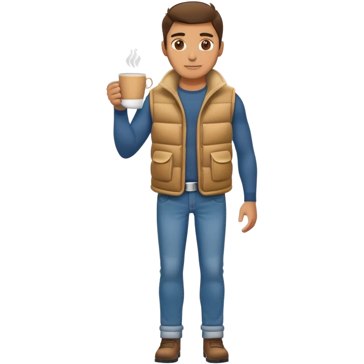 full body man with plain puffy vest and jeans with coffee mug emoji