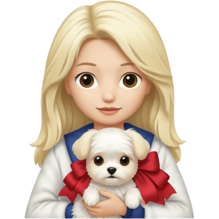 blonde long haired woman holding Maltese dog emoji