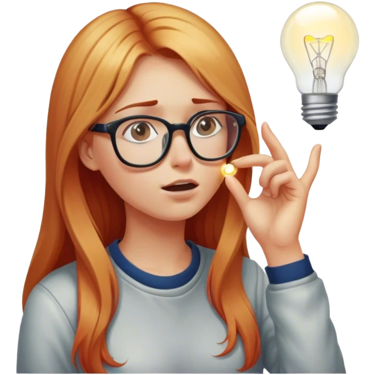 intelligent and clever, 30 year old, girl, long red and almost blond hair, glasses, has an brillant idea, rubs his nose, light bulb over the head, casual cloth  emoji