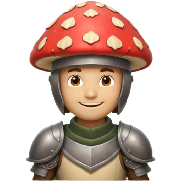 mushroom knight portrait, head and shoulders only, helmet made entirely of a large mushroom cap, textured mushroom surface, tiny fantasy armor collar, heroic smile, magical forest vibe, 3D cartoon, mobile game icon style, clean background, no text, no watermark
 
 emoji