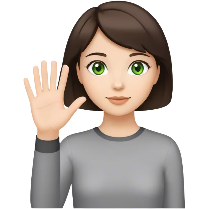 brunette girl with short hair and green eyes waving greeting with one hand emoji