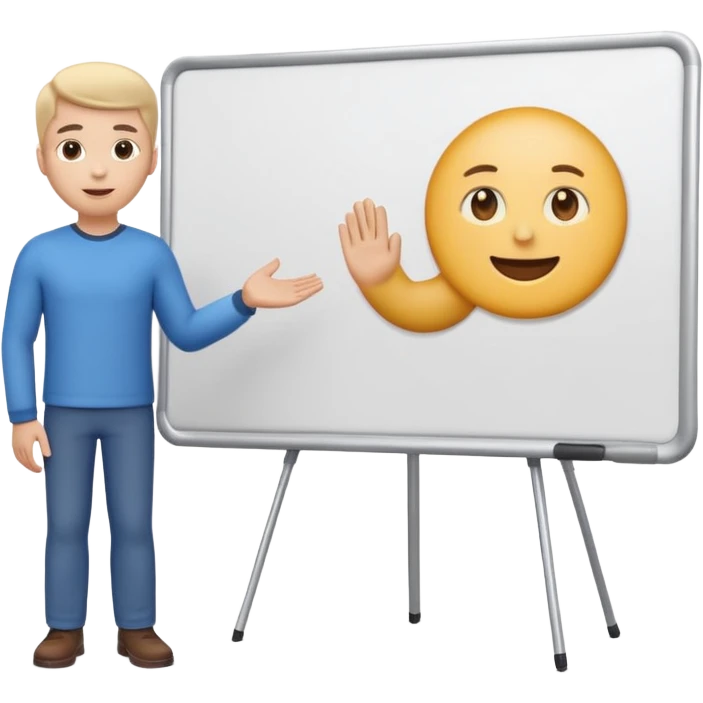 A clean emoji-style illustration of a person giving a presentation, standing next to a large presentation board on a stand, the board is oversized and clearly visible, no podium, no desk, no table, friendly proportions, soft 3D emoji style emoji