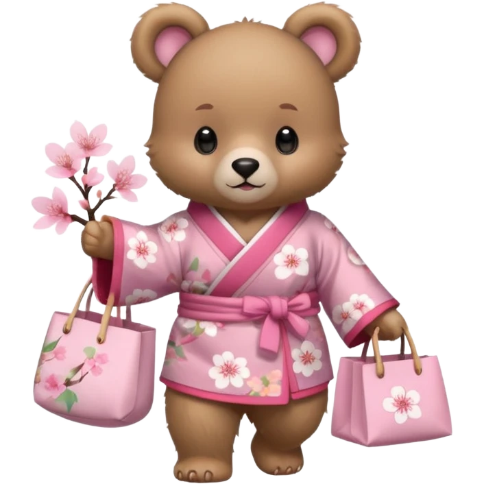A cute baby bear character in pastel style, standing upright like a human. 
Light brown soft fur, large round ears, rounded paws and feet. 
Wearing a pink kimono with soft cherry blossom patterns on the sleeves and bottom, Holding a cute pastel shopping bag with one paw, walking pose. emoji