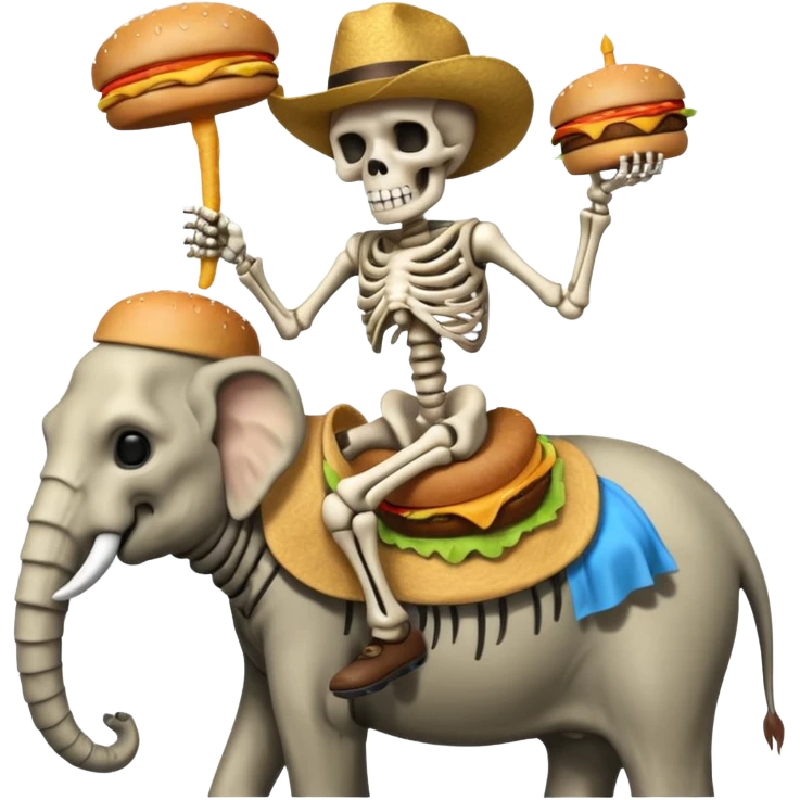 Skeleton Rider on elephant, eating burger. emoji