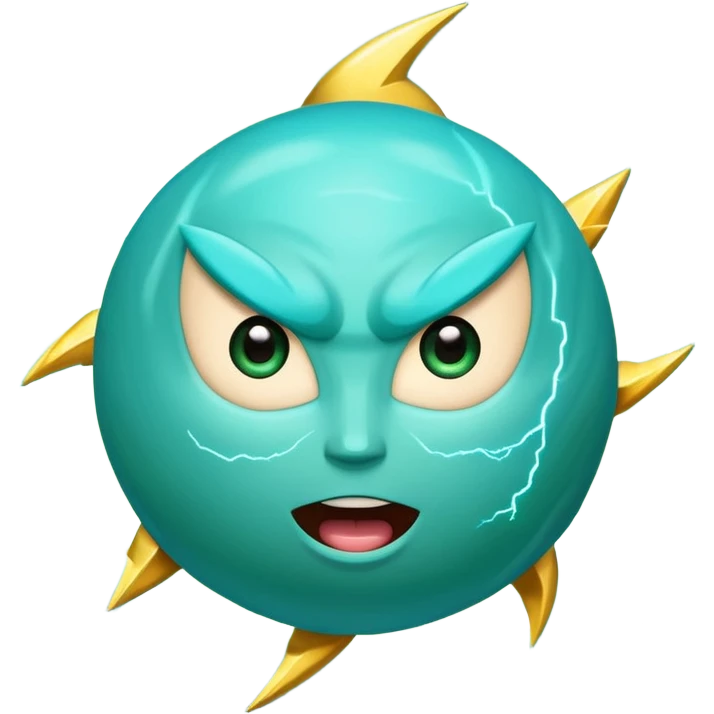 Uranus planet emoji in Apple-style, blue-green with dynamic rings, large fun excited expressive face, big bold lightning bolt, symbolizing chaotic unexpected energy emoji