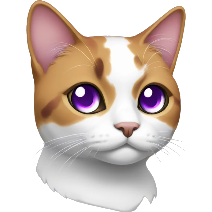 A calico cat with purple eyes and a white pupil emoji