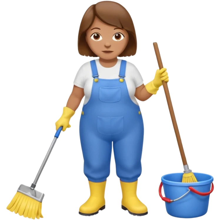 old and fat women, brown hair, Custodian with yellow rubber gloves, white T-shirt, blue overalls, mopping floor emoji