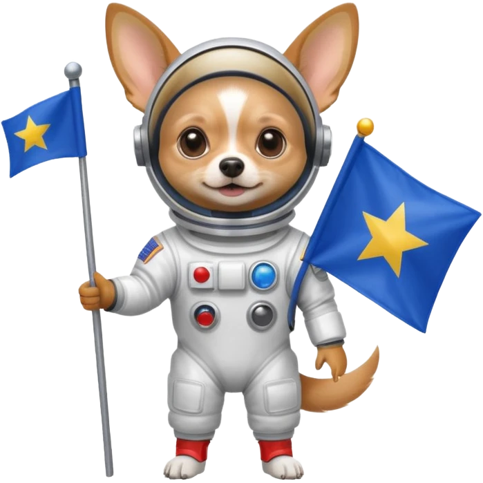 a chihuahua in space suit, holding blue rectangle flag, full body, front view emoji