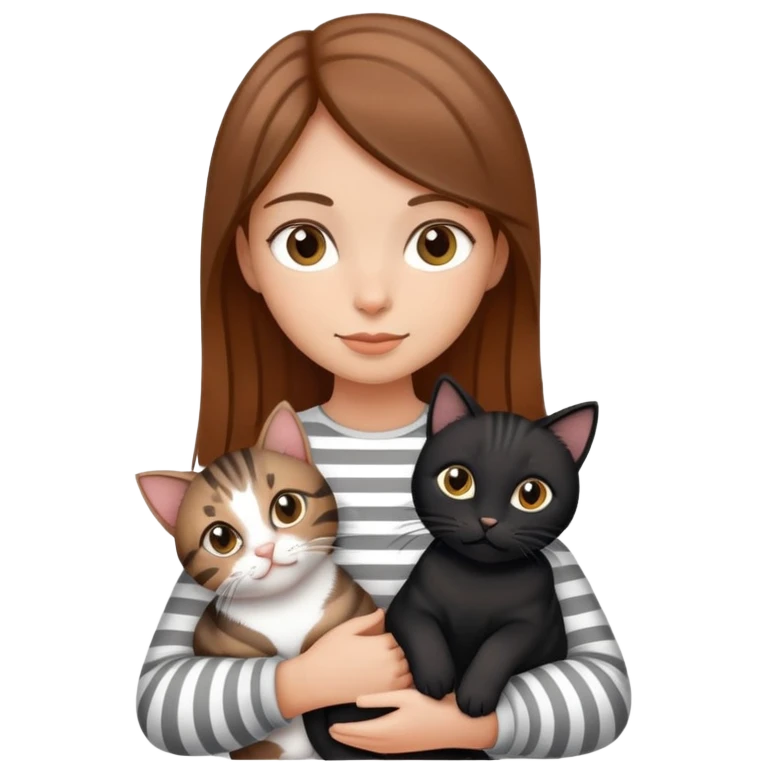 tan brown-haired girl holding two cats, one black cat and one grey-striped cat emoji