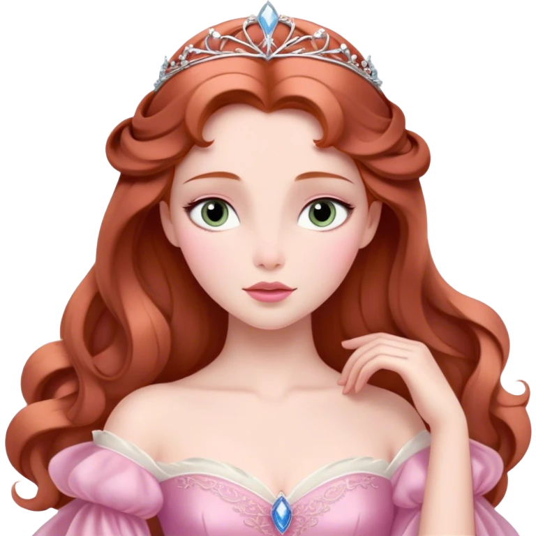 Cinematic Elegant Sleeping Beauty Portrait Emoji, rendered in a realistic, vector-style with minimal shading and bold, simplified shapes. Depict Aurora (Sleeping Beauty) (chest and above) with delicate porcelain skin, soft auburn hair styled gracefully, and gentle, dreamy eyes, dressed in her classic pink gown. The image glows with a soft, enchanting radiance and high shine, capturing timeless regal beauty. emoji
